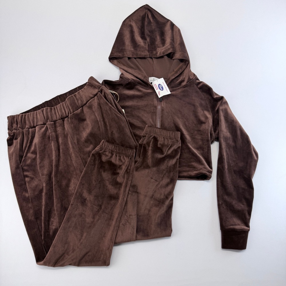 Elite Collection Brown Velour Tracksuit Set Cropped Hoodie Joggers Large NWT